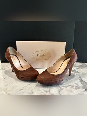 Prada Brown Suede Platform High Heel Pumps Size 37.5